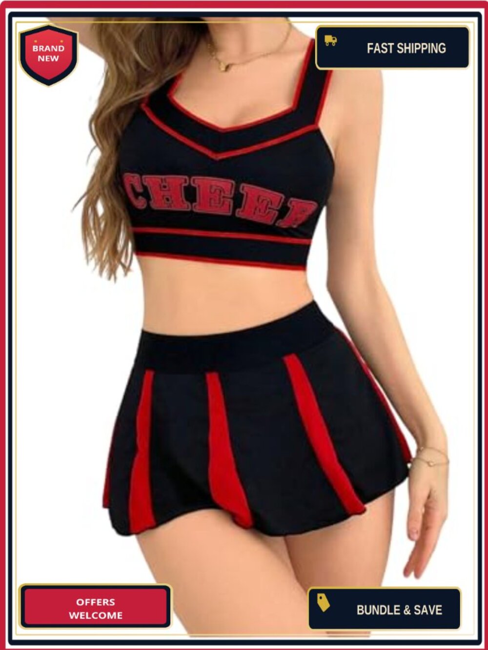Women's 2 Piece Cheerleader Costume Lingerie Set Crop Top & Skater Skirt